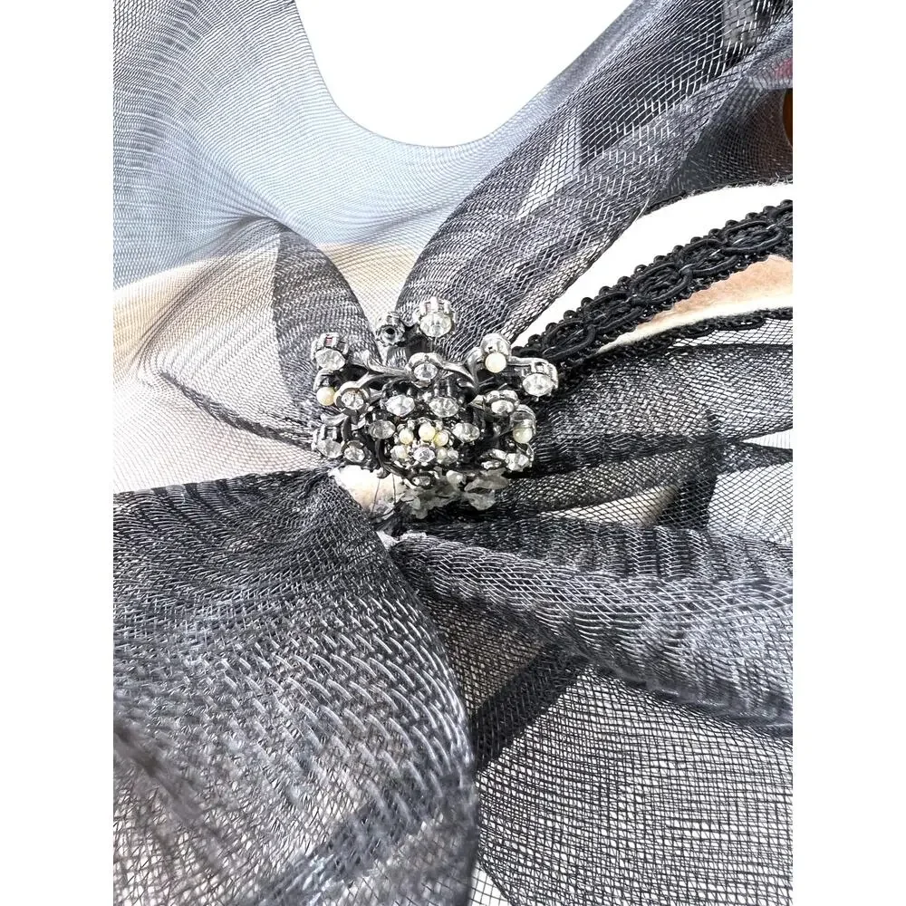 Vintage 40's fascinator hat pill box sheer bow cream black rhinestone Old Money - Picture 4 of 9